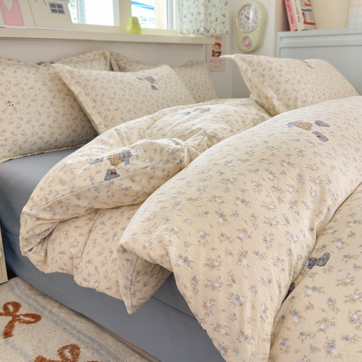 德比尔斯 2025新款爆款韩国小布袋古法水洗棉云感棉四件套开心兔