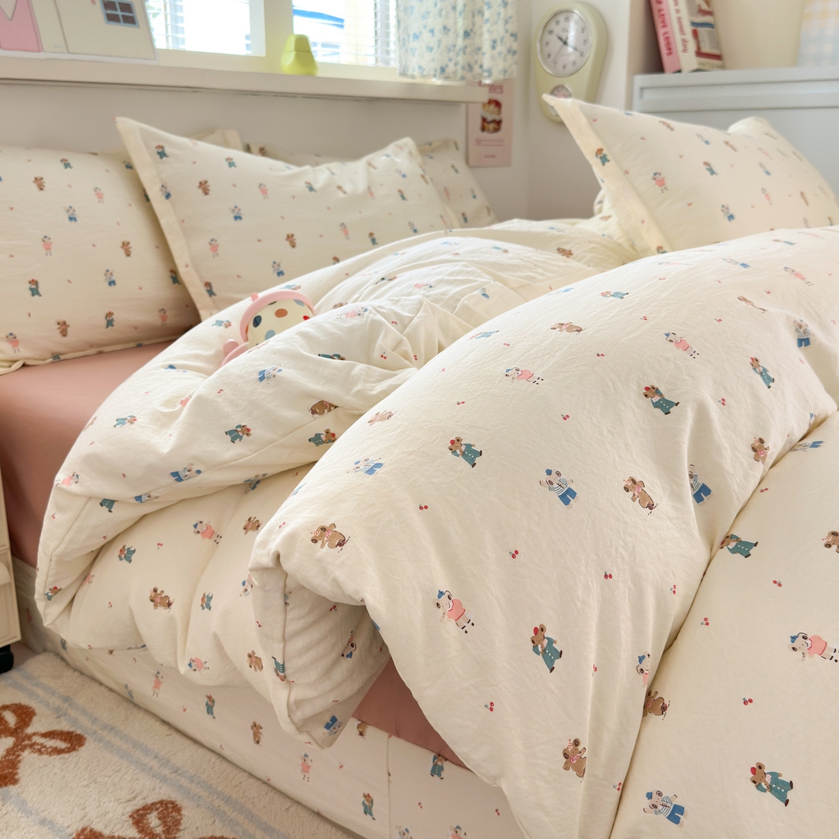 德比尔斯 2025新款爆款韩国小布袋古法水洗棉云感棉四件套 快乐小象