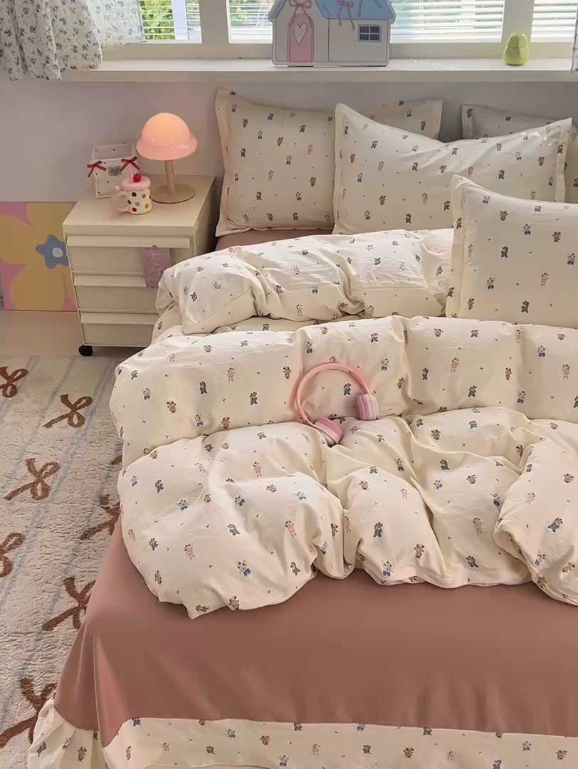 91家纺网 家纺一手货源 找家纺 德比尔斯 2025新款爆款韩国小布袋古法水洗棉云感棉四件套 快乐小象