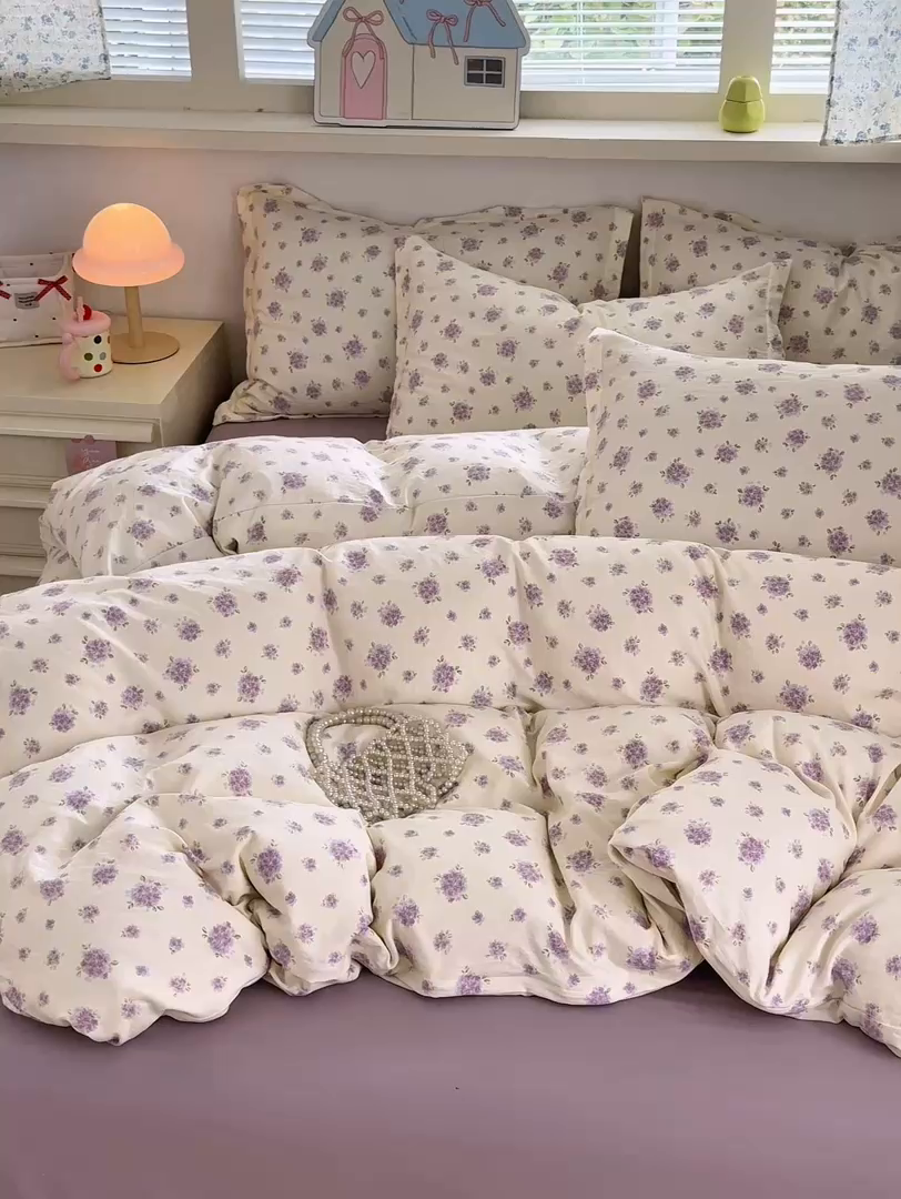 91家纺网 家纺一手货源 找家纺 德比尔斯 2025新款爆款韩国小布袋古法水洗棉云感棉四件套 紫罗兰