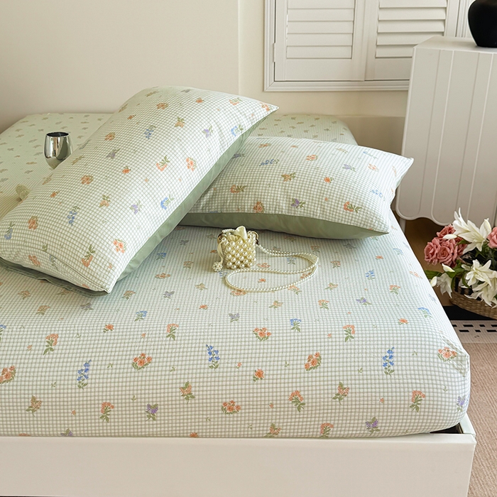 91家纺网 家纺一手货源 找家纺 卢赛尔 2025新款水洗珍珠棉皱皱纱印花床笠 格子-绿