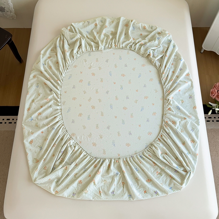 91家纺网 家纺一手货源 找家纺 卢赛尔 2025新款水洗珍珠棉皱皱纱印花床笠 格子-绿