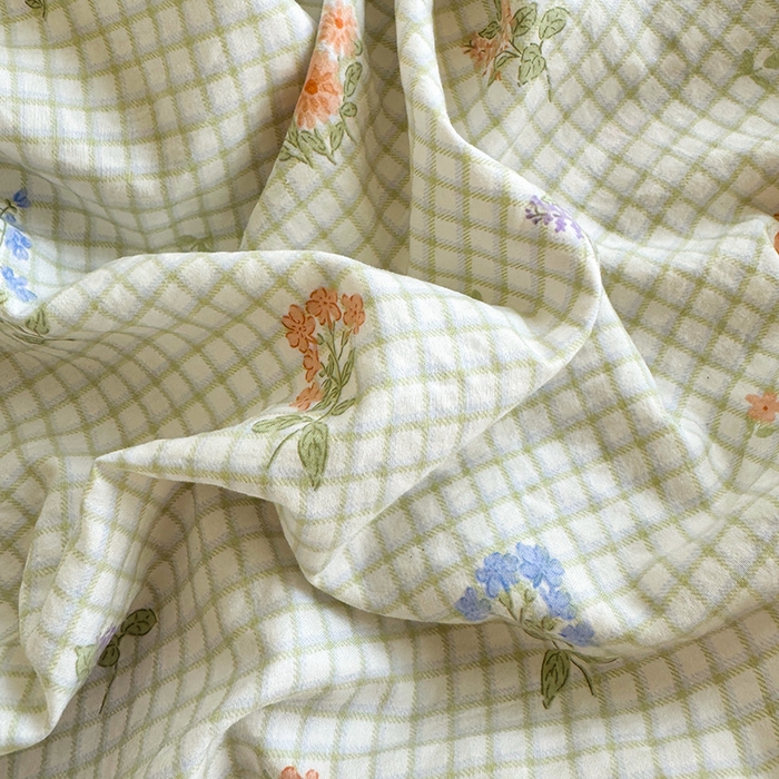 91家纺网 家纺一手货源 找家纺 卢赛尔 2025新款水洗珍珠棉皱皱纱印花床笠 格子-绿