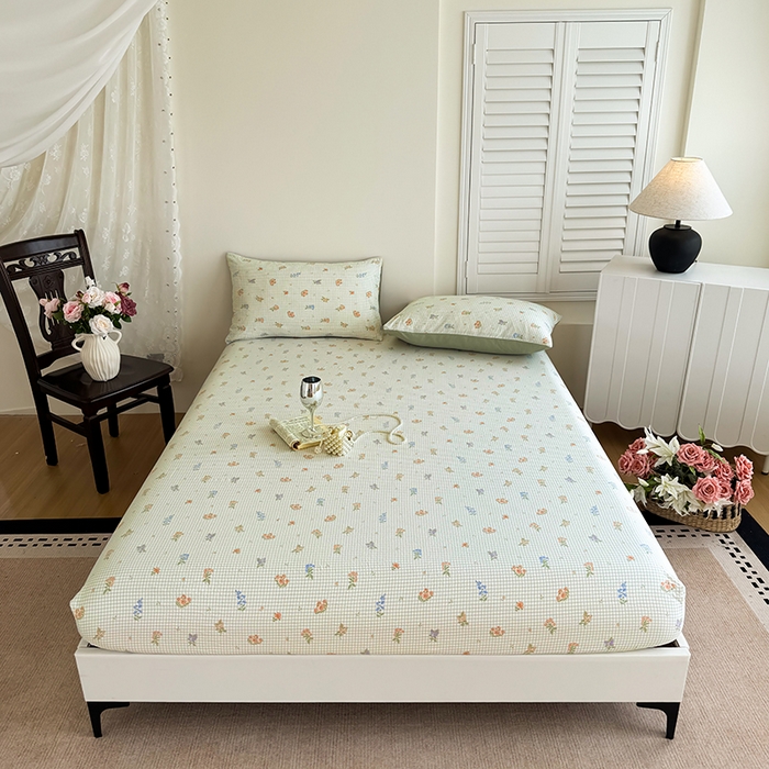 91家纺网 家纺一手货源 找家纺 卢赛尔 2025新款水洗珍珠棉皱皱纱印花床笠 格子-绿