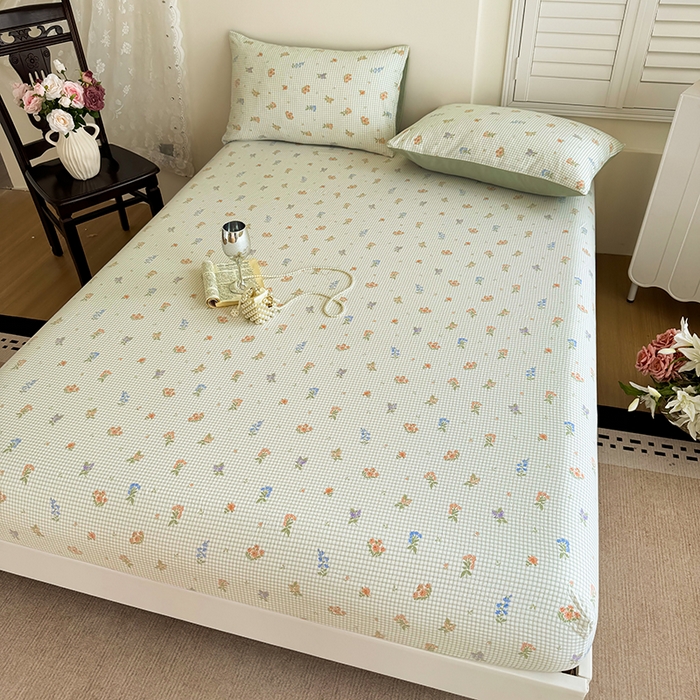 91家纺网 家纺一手货源 找家纺 卢赛尔 2025新款水洗珍珠棉皱皱纱印花床笠 格子-绿