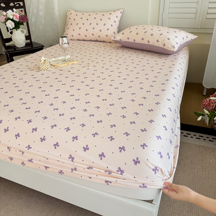 卢赛尔 2025新款水洗珍珠棉皱皱纱印花床笠 蝴蝶结紫