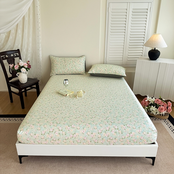 91家纺网 家纺一手货源 找家纺 卢赛尔 2025新款水洗珍珠棉皱皱纱印花床笠 千姿