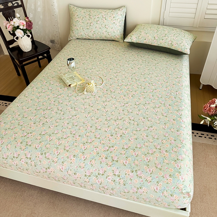 91家纺网 家纺一手货源 找家纺 卢赛尔 2025新款水洗珍珠棉皱皱纱印花床笠 千姿