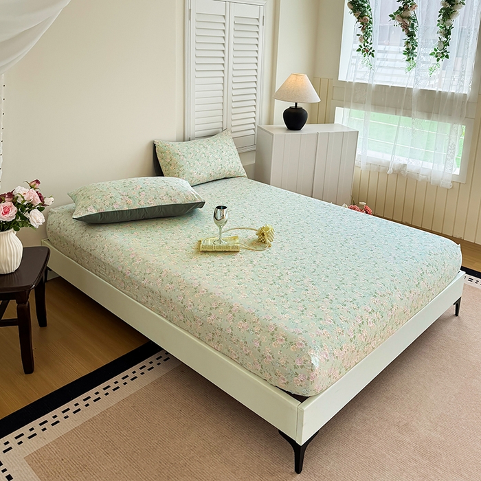 91家纺网 家纺一手货源 找家纺 卢赛尔 2025新款水洗珍珠棉皱皱纱印花床笠 千姿