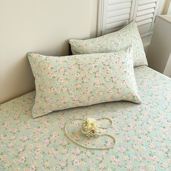 91家纺网 家纺一手货源 找家纺 卢赛尔 2025新款水洗珍珠棉皱皱纱印花床笠 千姿