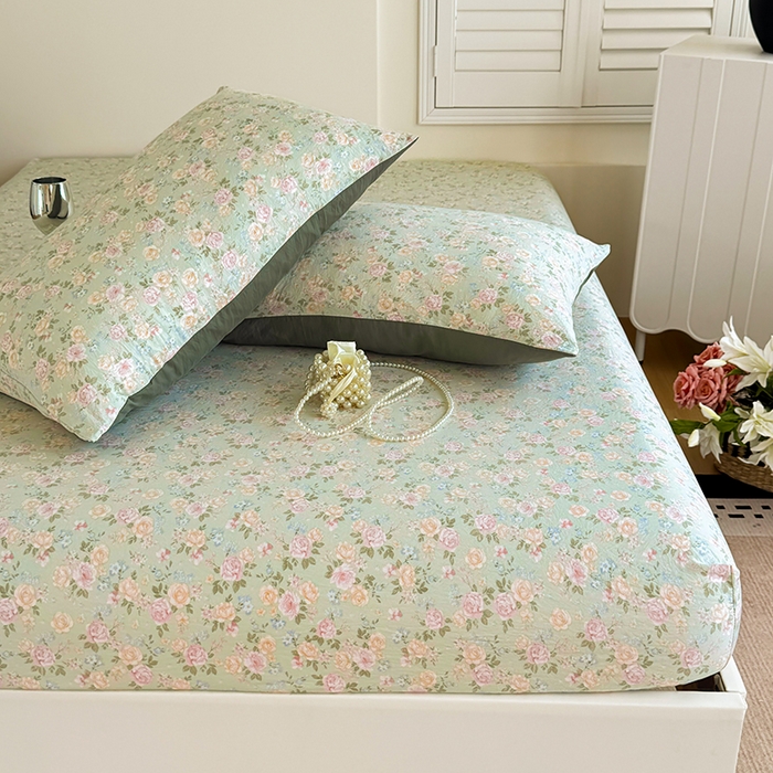 91家纺网 家纺一手货源 找家纺 卢赛尔 2025新款水洗珍珠棉皱皱纱印花床笠 千姿