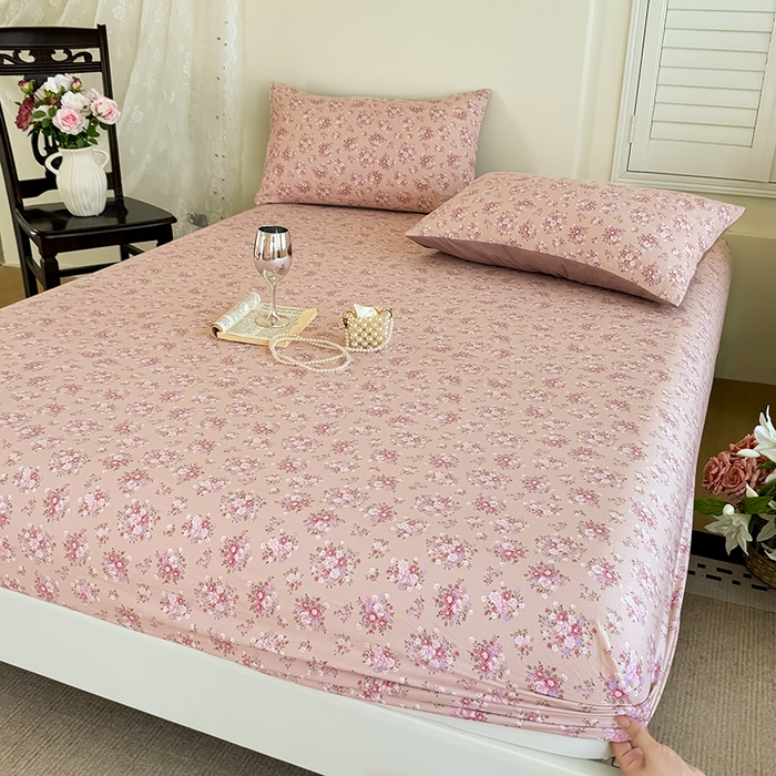 卢赛尔 2025新款水洗珍珠棉皱皱纱印花床笠 蔷薇-粉