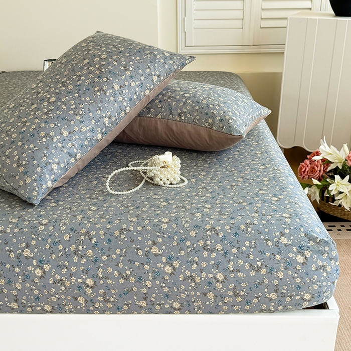 91家纺网 家纺一手货源 找家纺 卢赛尔 2025新款水洗珍珠棉皱皱纱印花床笠 秋草-灰