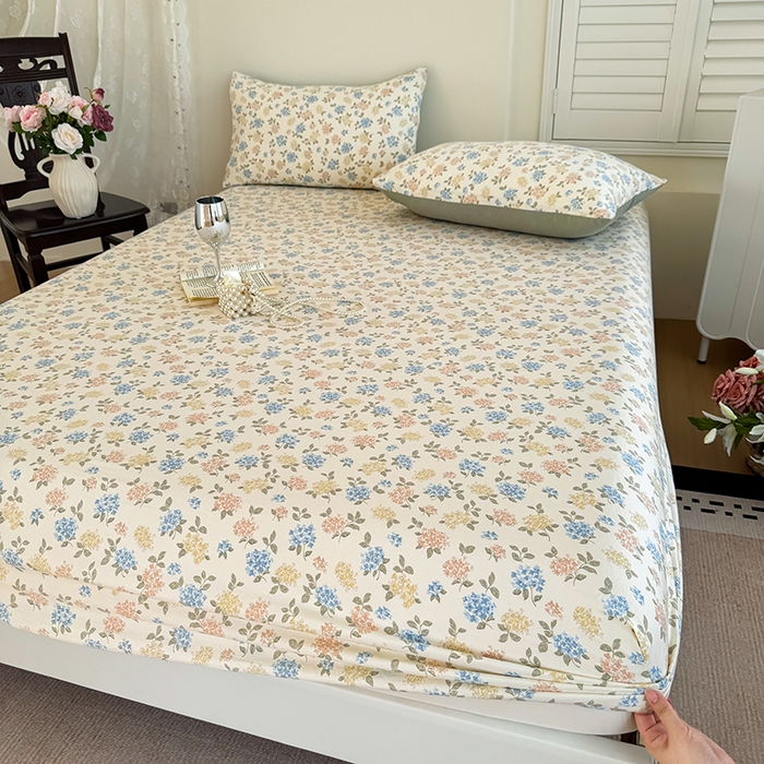 卢赛尔 2025新款水洗珍珠棉皱皱纱印花床笠 山茶-绿