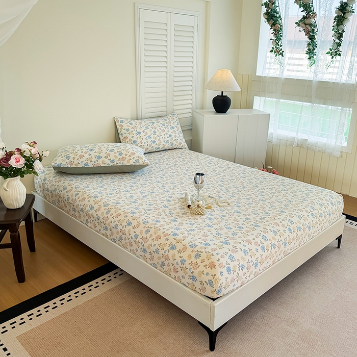 91家纺网 家纺一手货源 找家纺 卢赛尔 2025新款水洗珍珠棉皱皱纱印花床笠 山茶-绿