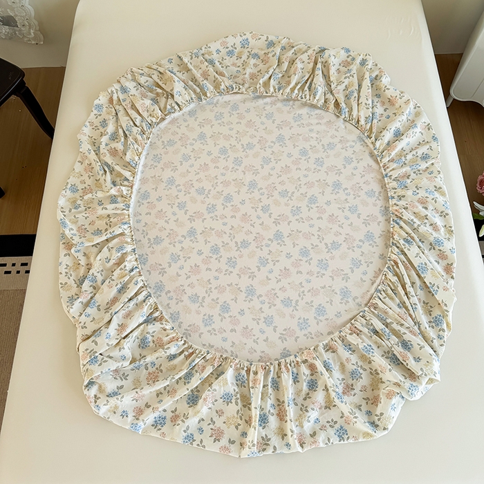 91家纺网 家纺一手货源 找家纺 卢赛尔 2025新款水洗珍珠棉皱皱纱印花床笠 山茶-绿