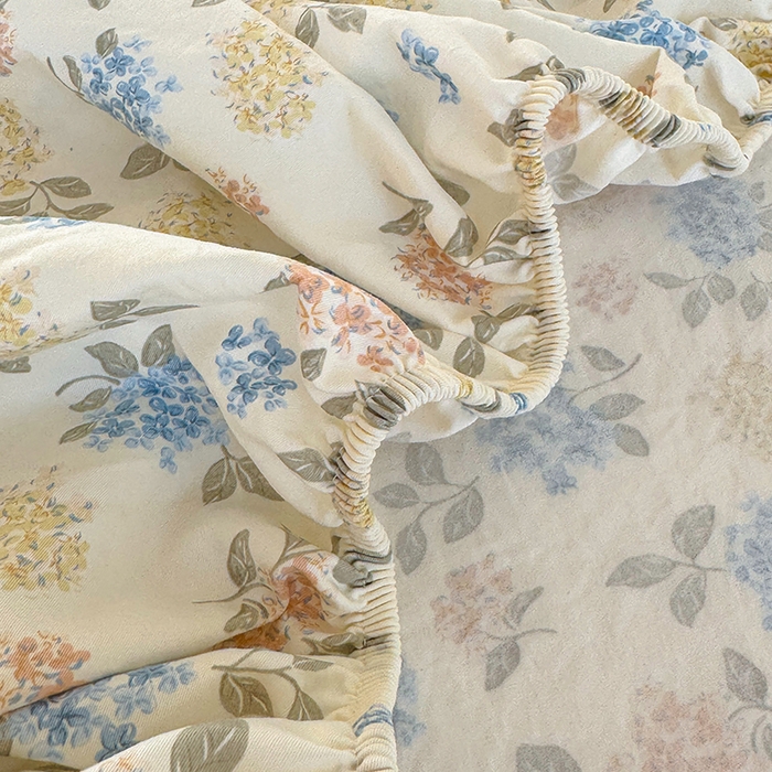 91家纺网 家纺一手货源 找家纺 卢赛尔 2025新款水洗珍珠棉皱皱纱印花床笠 山茶-绿