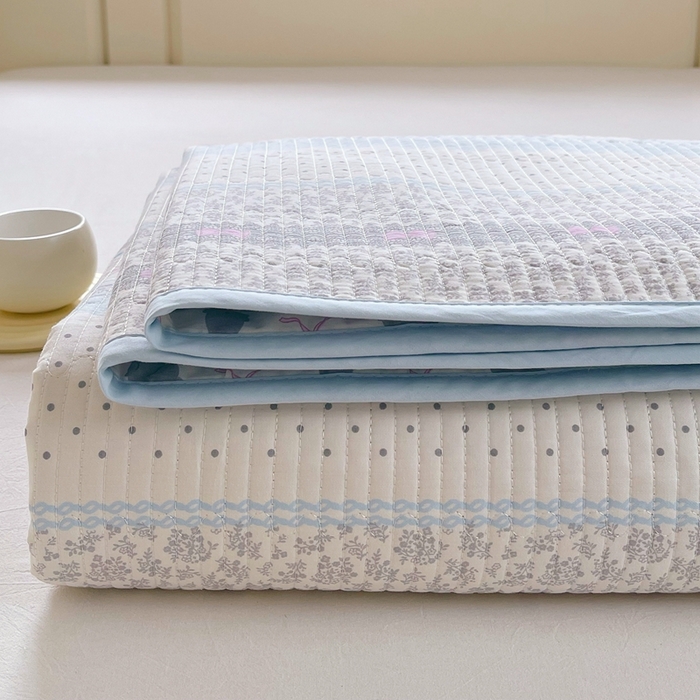 金丝兔 2025新款小清新斜纹纯棉床盖 全棉夹棉床盖 床盖三件套 榻榻米抗盖绗缝加厚床单 海盐兔