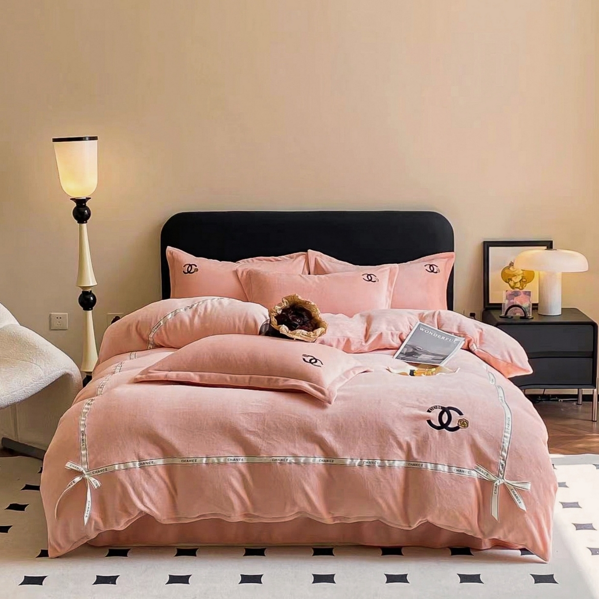 91家纺网 家纺一手货源 找家纺 （总）庭笙 新款牛奶绒小香风立体织带蝴蝶结四件套-COCO