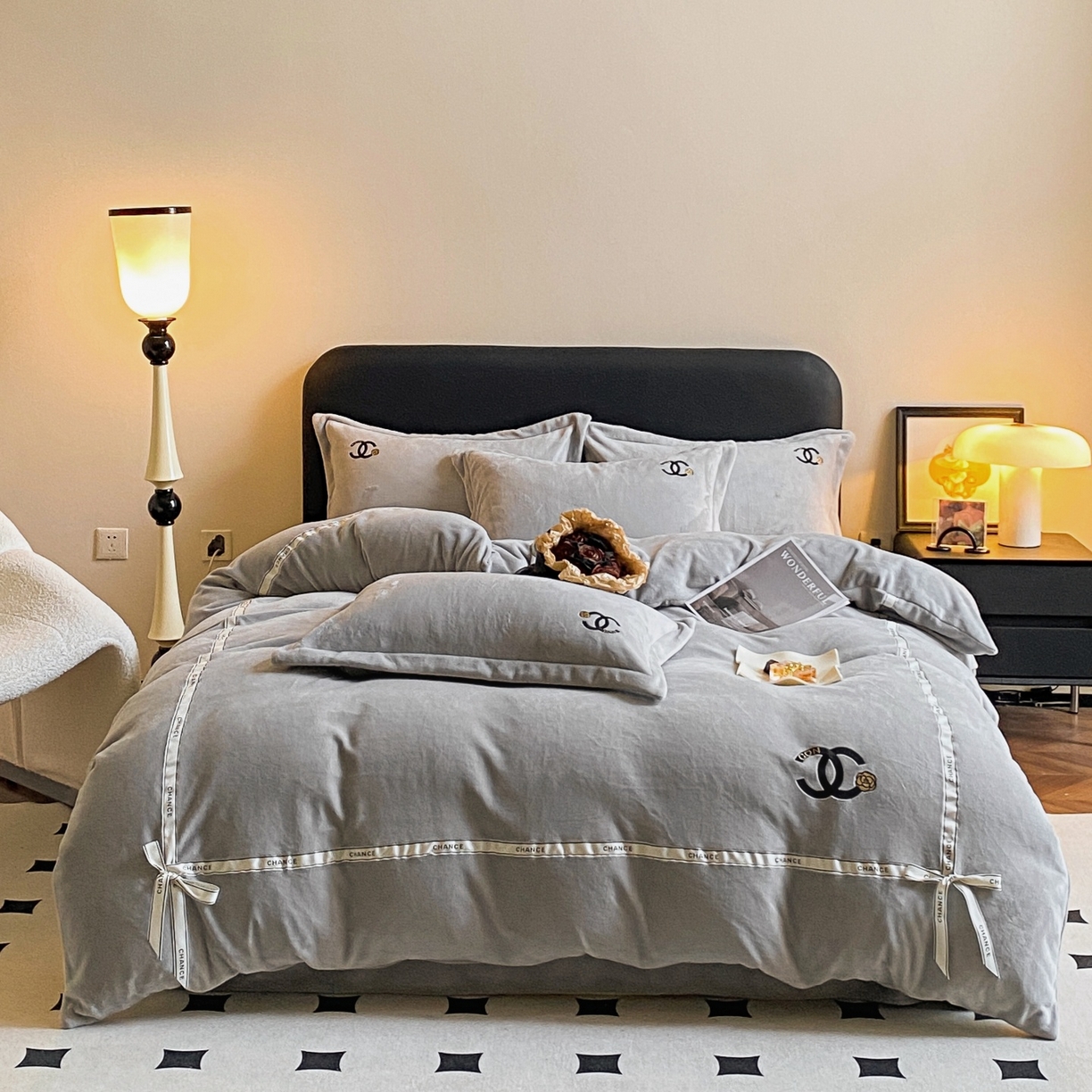 91家纺网 家纺一手货源 找家纺 （总）庭笙 新款牛奶绒小香风立体织带蝴蝶结四件套-COCO