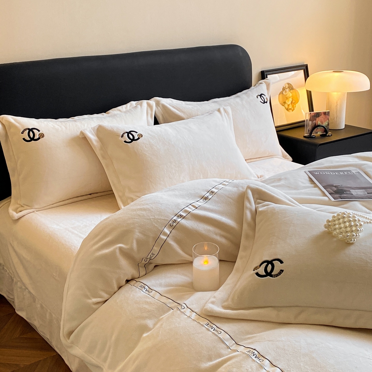 91家纺网 家纺一手货源 找家纺 庭笙 新款牛奶绒小香风立体织带蝴蝶结四件套-COCO COCO-米白