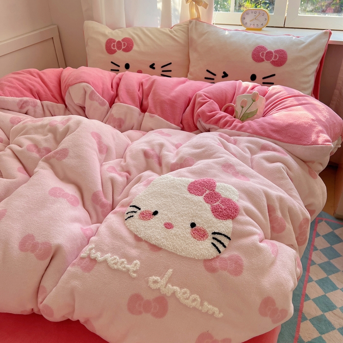 91家纺网 家纺一手货源 找家纺 桃喜 2025新款牛奶绒猫咪毛巾绣系列四件套-系列一 超甜小猫