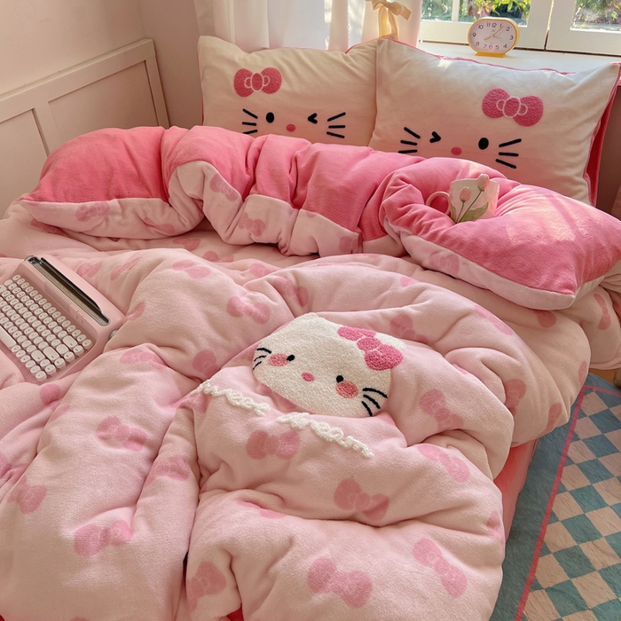 91家纺网 家纺一手货源 找家纺 桃喜 2025新款牛奶绒猫咪毛巾绣系列四件套-系列一 超甜小猫