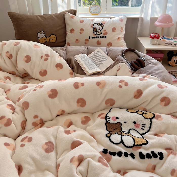 桃喜 2025新款牛奶绒猫咪毛巾绣系列四件套-系列一 豹纹猫咪咖