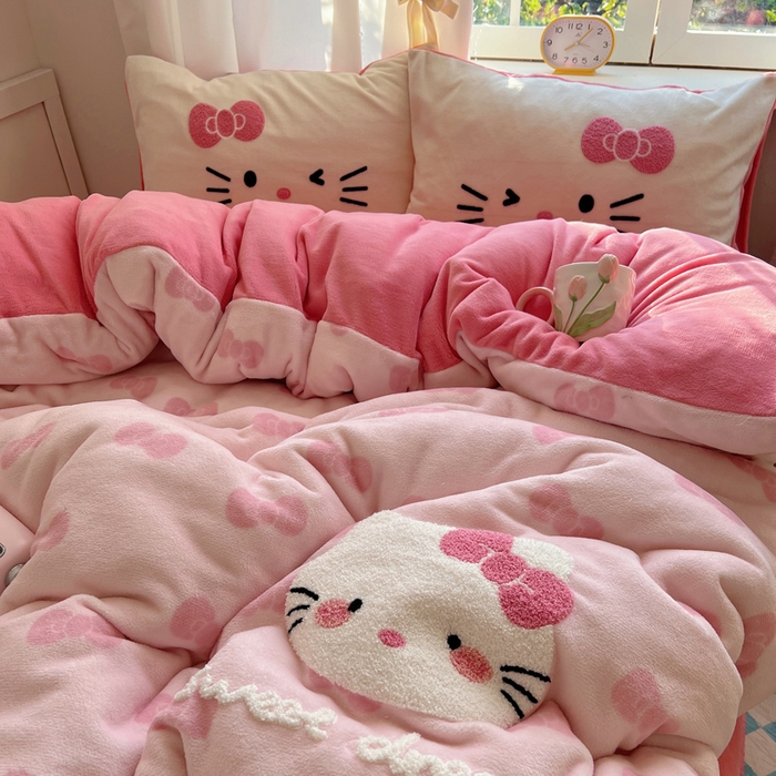 91家纺网 家纺一手货源 找家纺 桃喜 2025新款牛奶绒猫咪毛巾绣系列四件套-系列一 超甜小猫