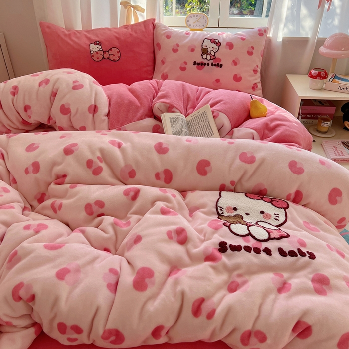 桃喜 2025新款牛奶绒猫咪毛巾绣系列四件套-系列一 豹纹猫咪粉