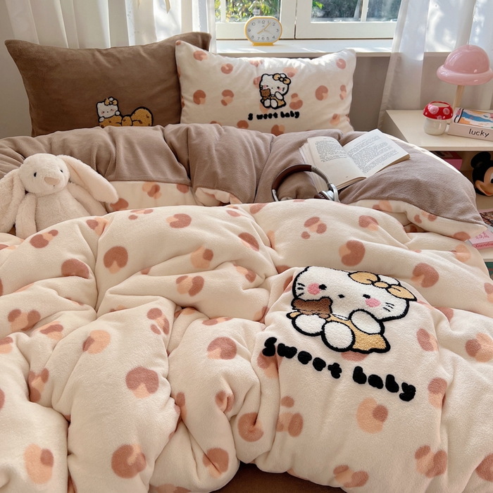 91家纺网 家纺一手货源 找家纺 桃喜 2025新款牛奶绒猫咪毛巾绣系列四件套-系列一 豹纹猫咪咖