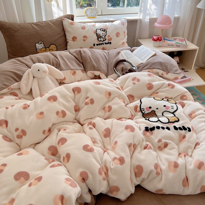 91家纺网 家纺一手货源 找家纺 桃喜 2025新款牛奶绒猫咪毛巾绣系列四件套-系列一 豹纹猫咪咖