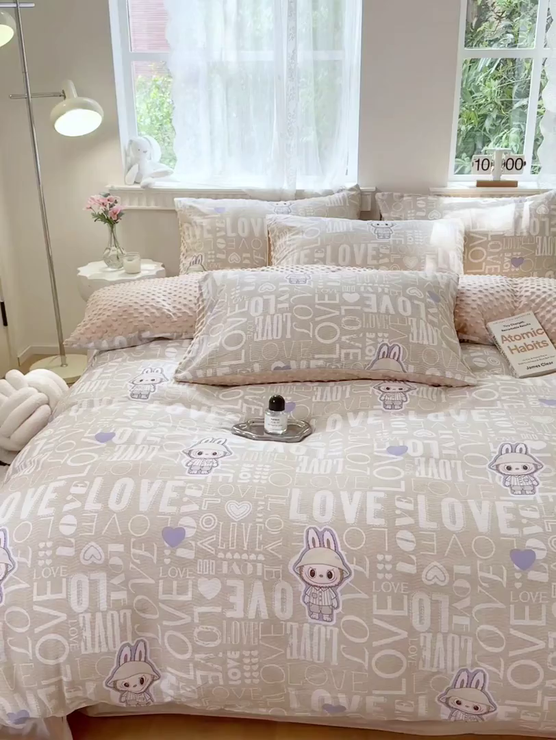 91家纺网 家纺一手货源 找家纺 雯雨家纺 2025新款ab版全棉豆豆绒婴儿绒牛奶绒单被套被罩单件 拉布兔兔