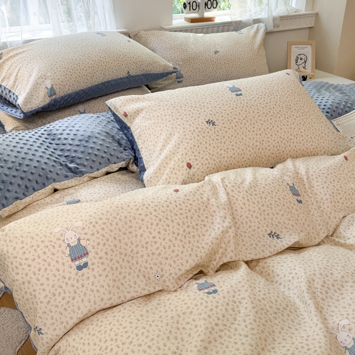 91家纺网 家纺一手货源 找家纺 雯雨家纺 2025新款ab版全棉豆豆绒婴儿绒牛奶绒单被套被罩单件 奶乎兔兔-米