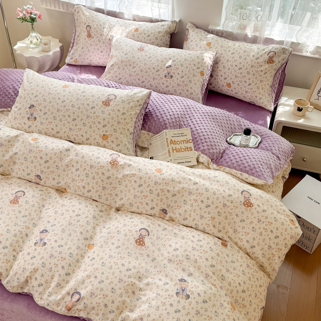 91家纺网 家纺一手货源 找家纺 雯雨家纺 2025新款ab版全棉豆豆绒婴儿绒牛奶绒单被套被罩单件 碎花兔熊