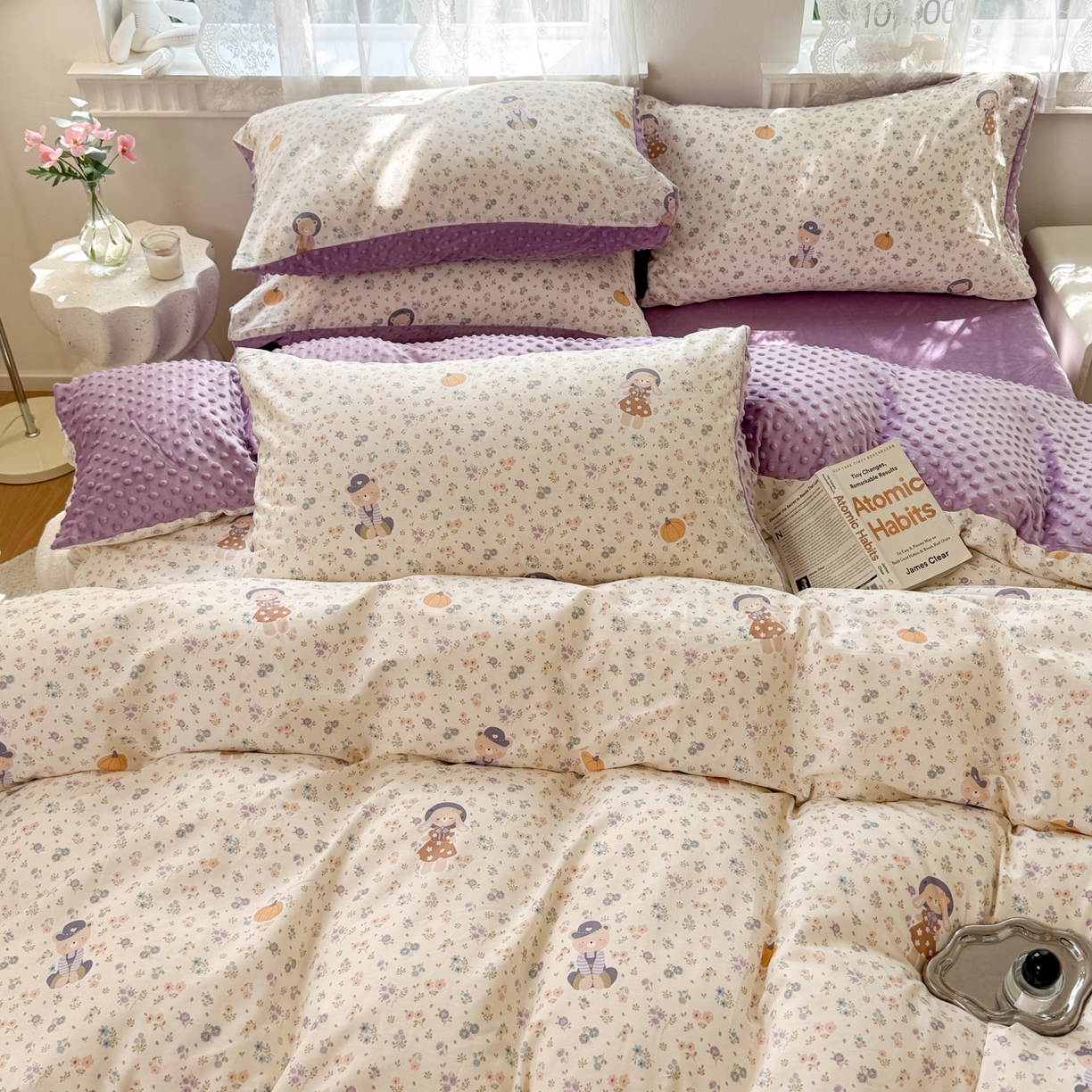 91家纺网 家纺一手货源 找家纺 雯雨家纺 2025新款ab版全棉豆豆绒婴儿绒牛奶绒单被套被罩单件 碎花兔熊