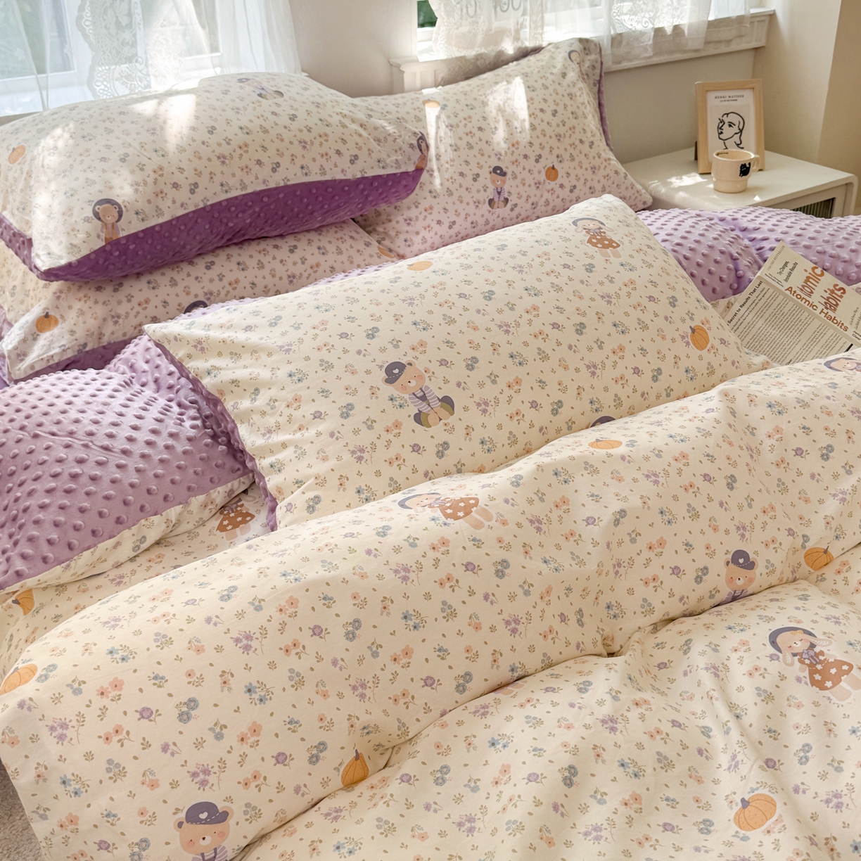 91家纺网 家纺一手货源 找家纺 雯雨家纺 2025新款ab版全棉豆豆绒婴儿绒牛奶绒单被套被罩单件 碎花兔熊