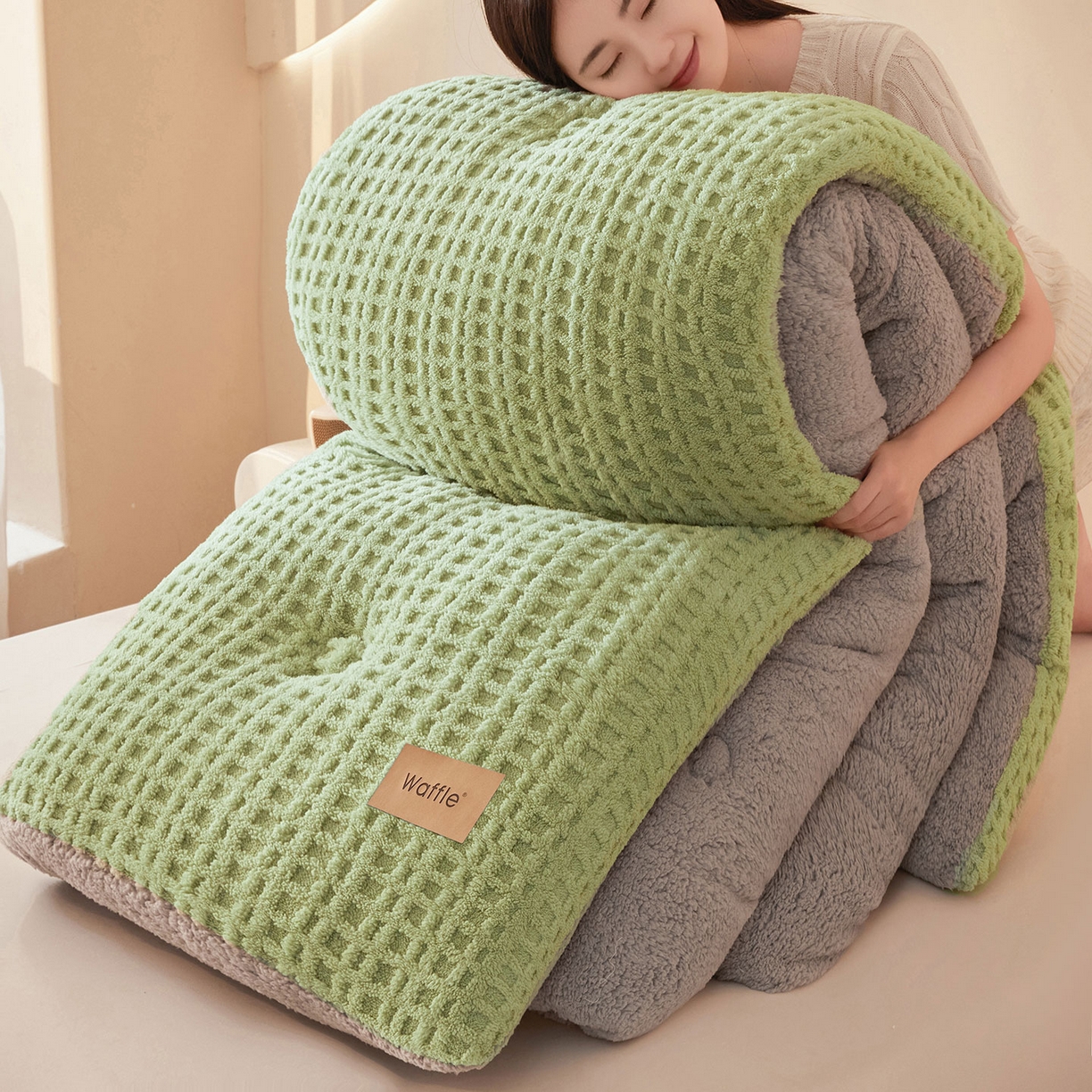 美梦里 2025新款华夫格舒棉绒冬被被子被芯 舒棉绒华夫格冬被-茉绿