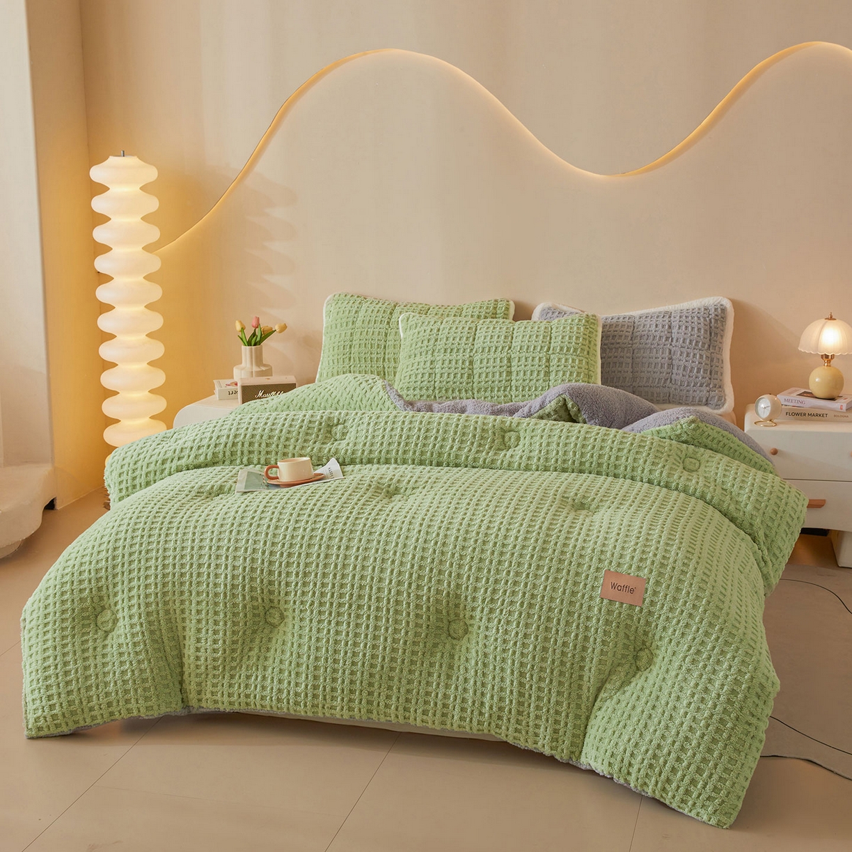 91家纺网 家纺一手货源 找家纺 美梦里 2025新款华夫格舒棉绒冬被被子被芯 舒棉绒华夫格冬被-茉绿