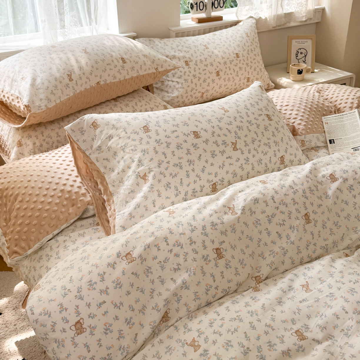 91家纺网 家纺一手货源 找家纺 雯雨家纺 2025新款ab版全棉豆豆绒婴儿绒牛奶绒四件套 花町香香