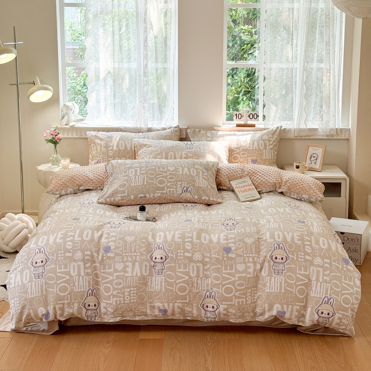 91家纺网 家纺一手货源 找家纺 雯雨家纺 2025新款ab版全棉豆豆绒婴儿绒牛奶绒四件套 拉布兔兔