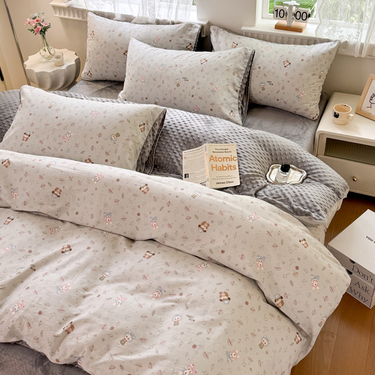 91家纺网 家纺一手货源 找家纺 雯雨家纺 2025新款ab版全棉豆豆绒婴儿绒牛奶绒四件套 蘑菇风车