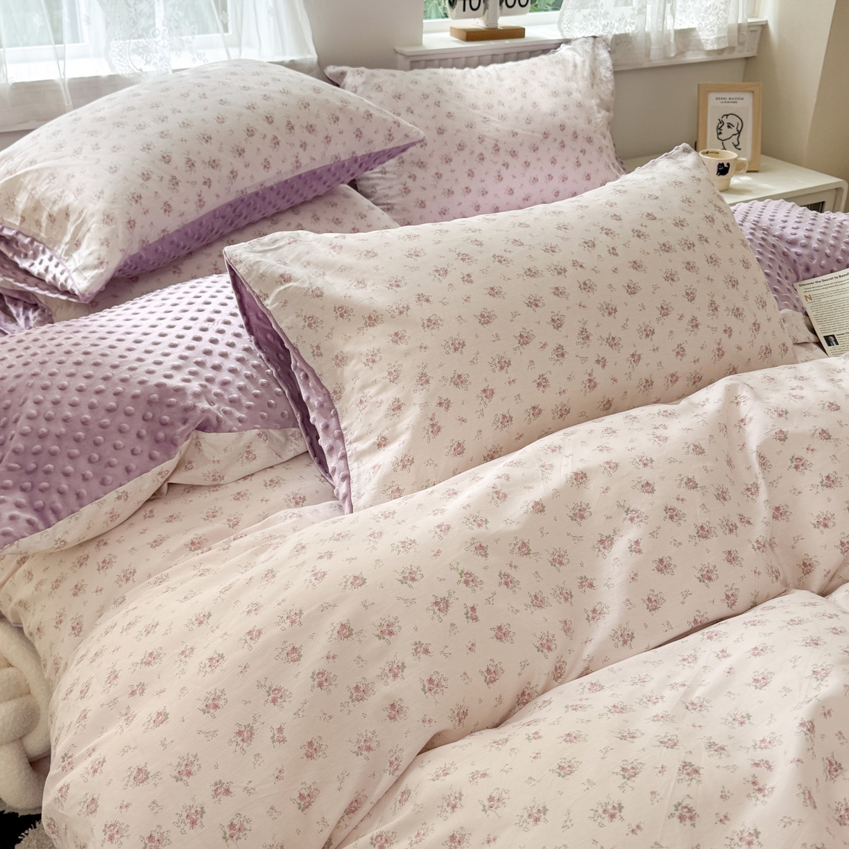 91家纺网 家纺一手货源 找家纺 雯雨家纺 2025新款ab版全棉豆豆绒婴儿绒牛奶绒四件套 疏影梦境-粉