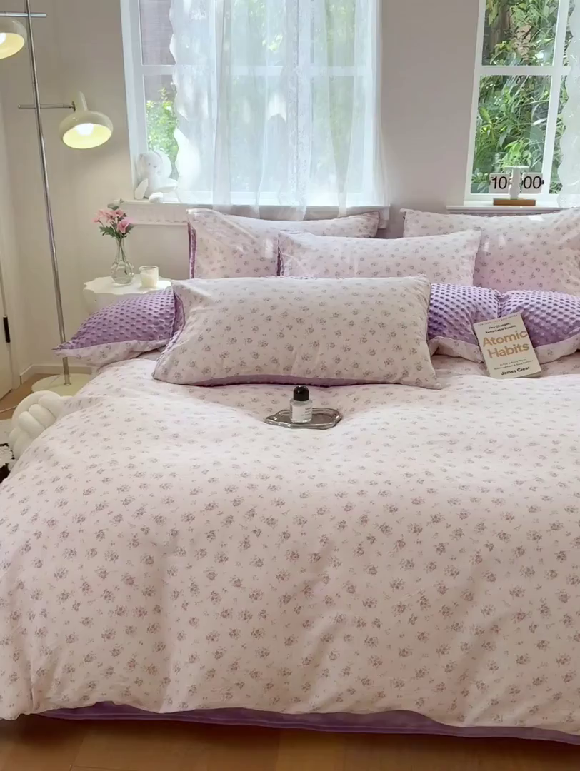 91家纺网 家纺一手货源 找家纺 雯雨家纺 2025新款ab版全棉豆豆绒婴儿绒牛奶绒四件套 疏影梦境-粉