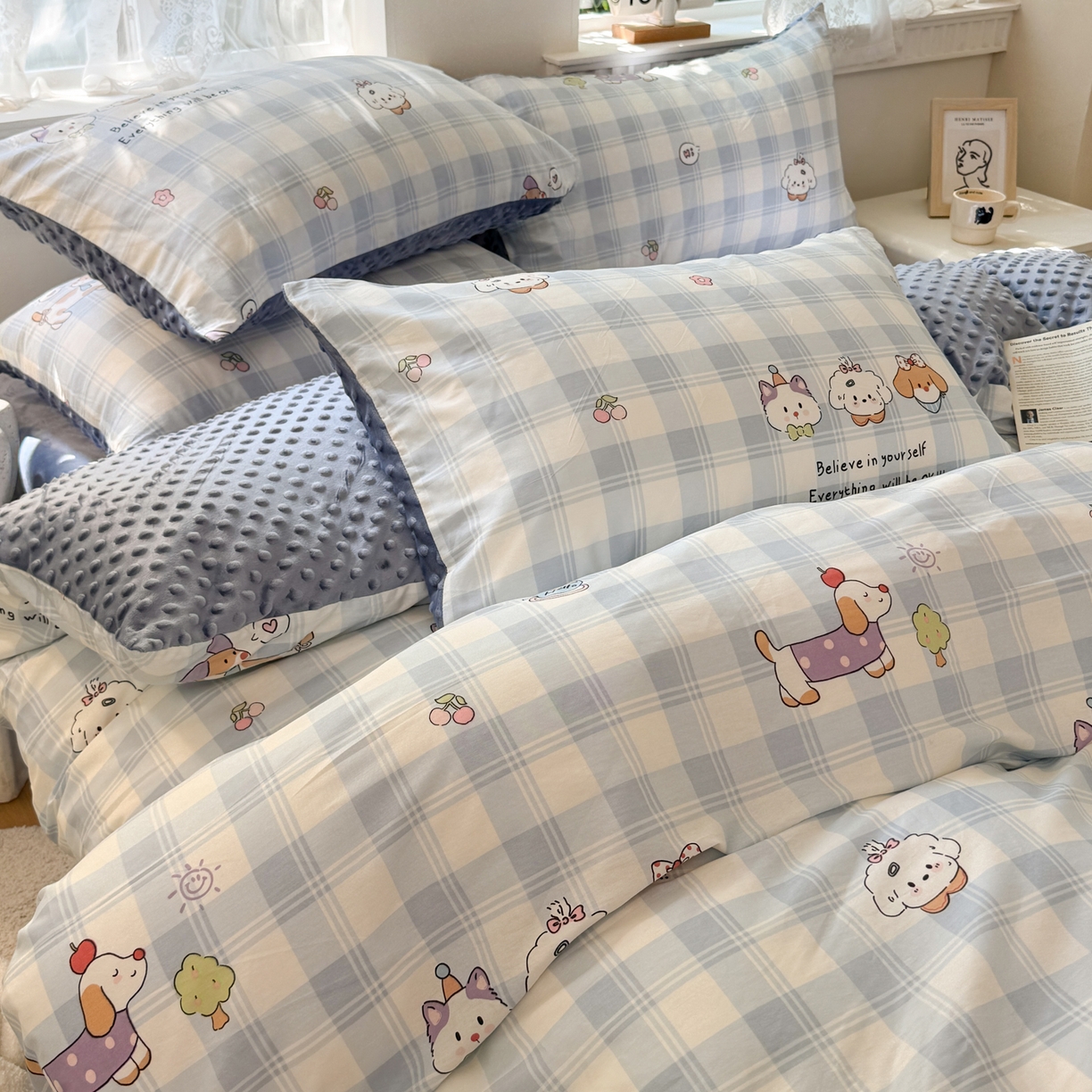 91家纺网 家纺一手货源 找家纺 雯雨家纺 2025新款ab版全棉豆豆绒婴儿绒牛奶绒四件套 糖纸童年