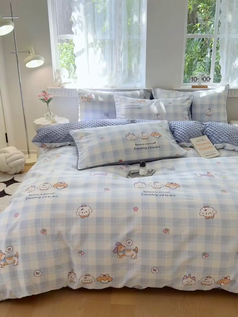 91家纺网 家纺一手货源 找家纺 雯雨家纺 2025新款ab版全棉豆豆绒婴儿绒牛奶绒四件套 糖纸童年