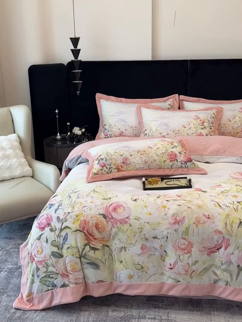 91家纺网 家纺一手货源 找家纺 诺梵家纺 2025新款数码印花牛奶绒四件套（控价：159） 花本汐