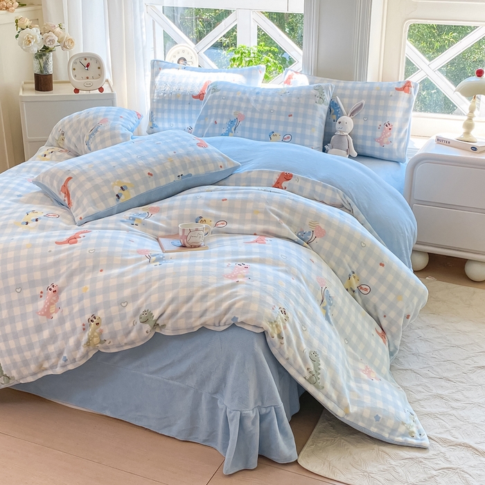 91家纺网 家纺一手货源 找家纺 元禾家纺 2025新款牛奶绒印花四件套 恐龙宝贝