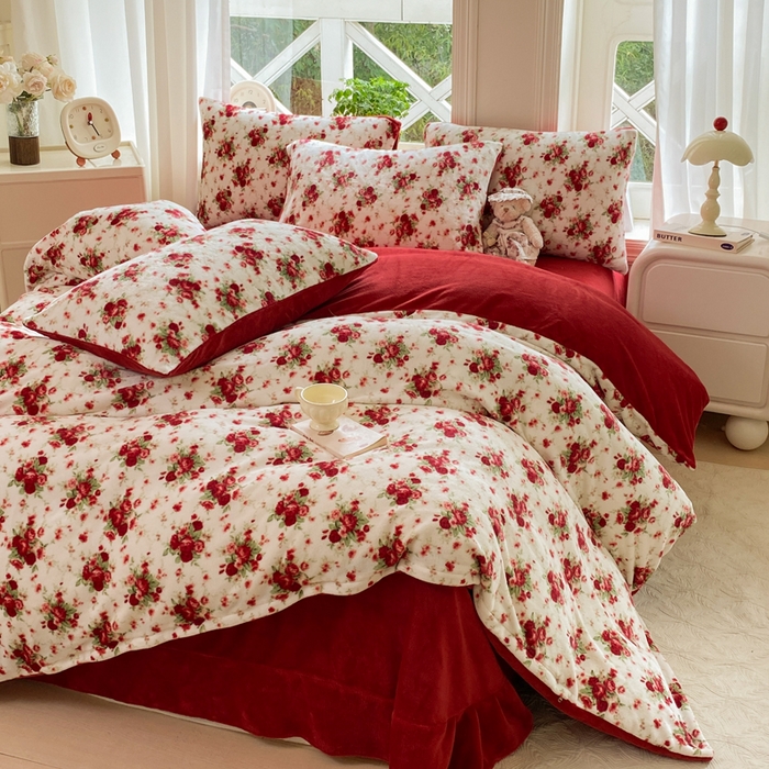 91家纺网 家纺一手货源 找家纺 元禾家纺 2025新款牛奶绒印花四件套 玫瑰物语