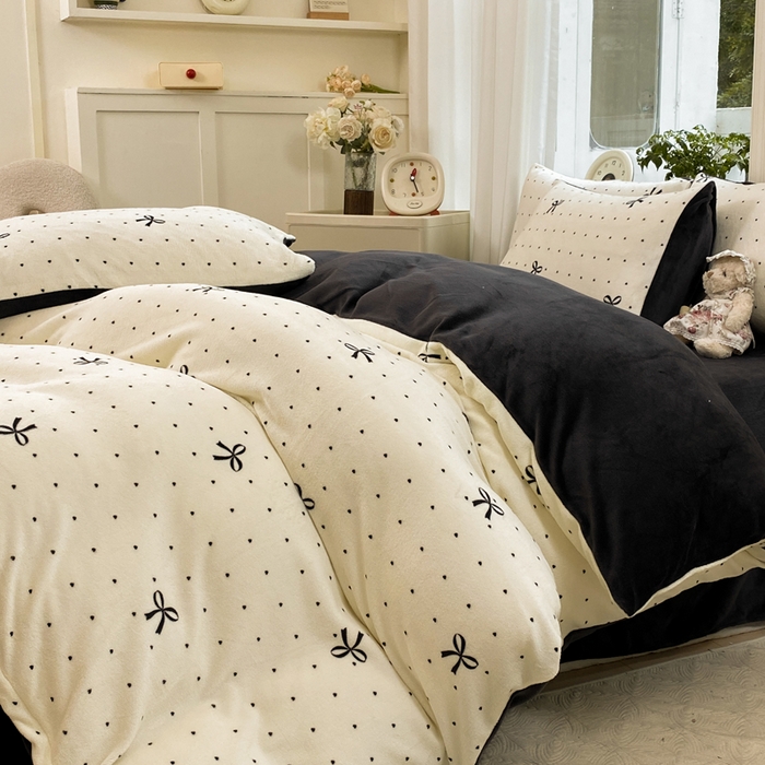 91家纺网 家纺一手货源 找家纺 元禾家纺 2025新款牛奶绒印花四件套 蝴蝶结